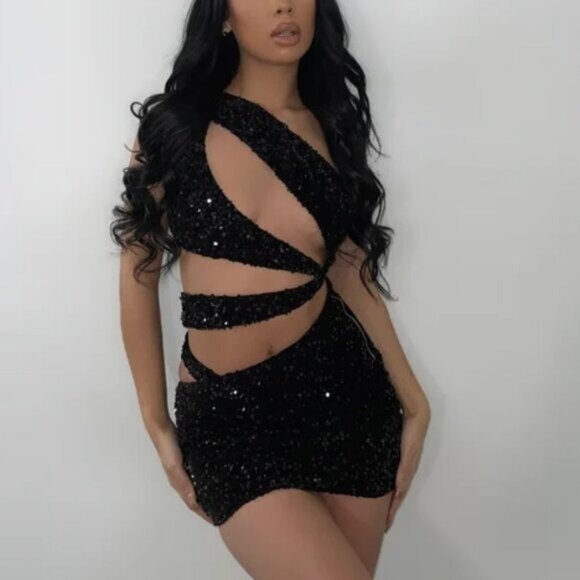 Alglist Immortality Sequin Mini Dress M NEW Black Cut Out Glam Bachelorette - Picture 1 of 6